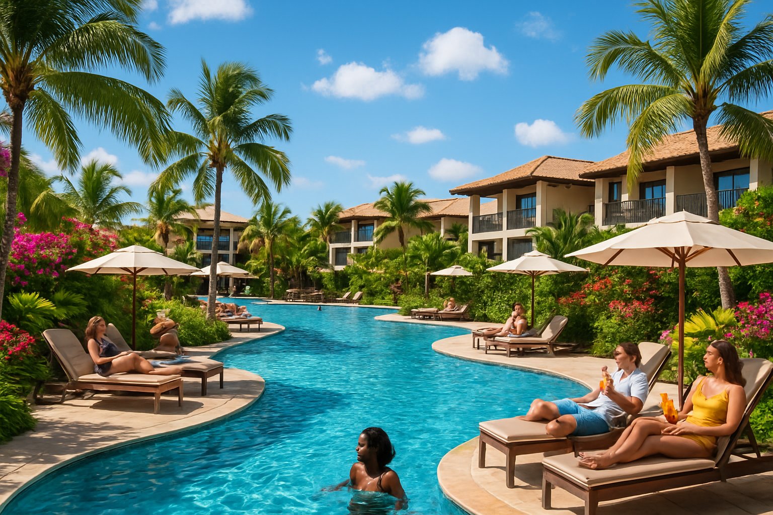 Piscina grande em resort tropical no Brasil com pessoas relaxando ao redor, rodeada por árvores e flores.