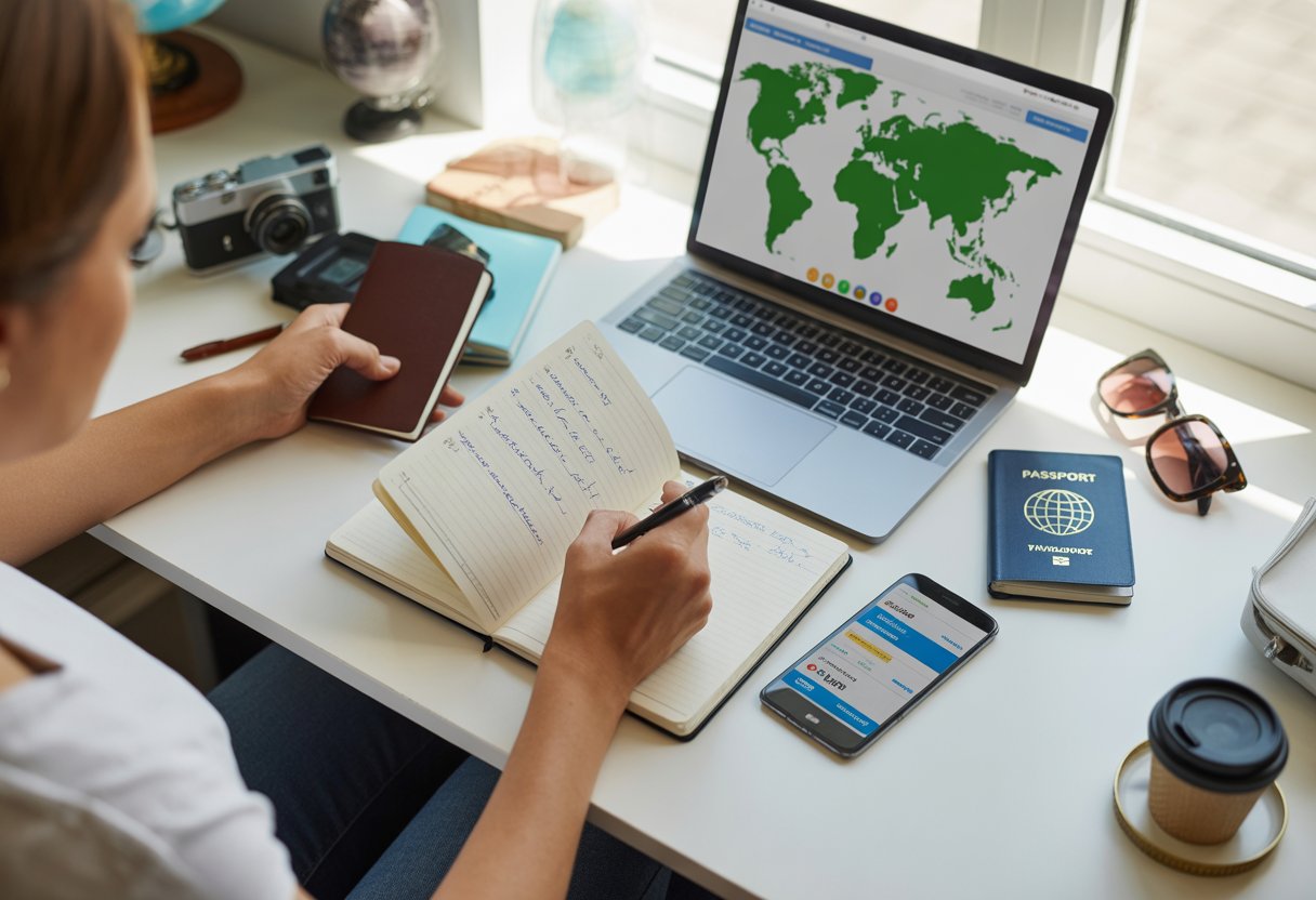 Pessoa planejando viagem internacional em uma mesa com laptop, passaporte, caderno e smartphone, em ambiente iluminado e organizado.