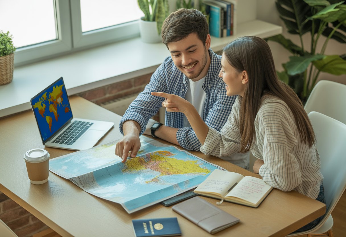 Casal sentado à mesa planejando uma viagem internacional com mapas, laptop e passaporte.