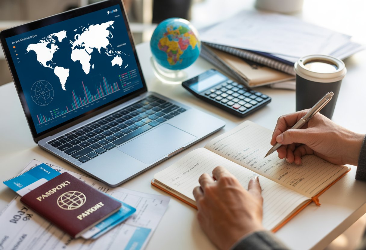 Mesa organizada com laptop mostrando mapa mundial, passaporte, globo, calculadora e uma pessoa escrevendo em um caderno de planejamento de viagem.