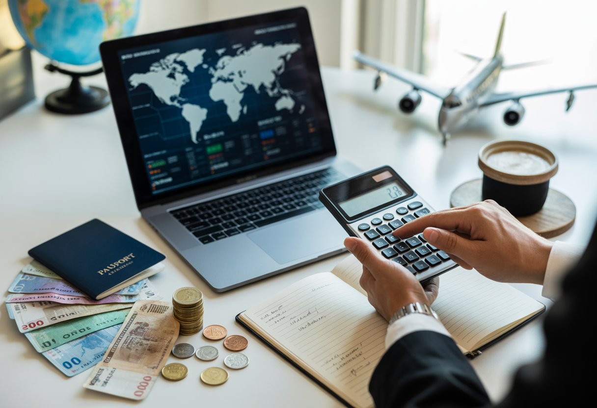 Mesa organizada com laptop mostrando mapa mundial e cédulas de moedas estrangeiras, passaporte, mãos usando calculadora e itens de viagem ao redor.