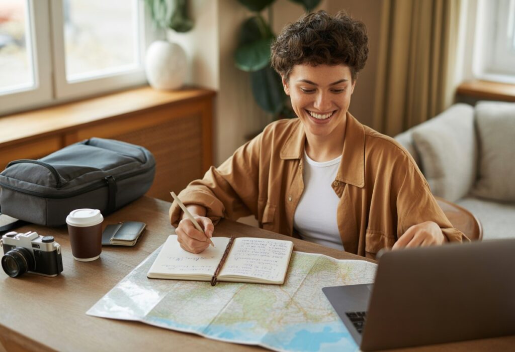 Pessoa jovem planejando uma viagem econômica em uma mesa com laptop, mapa e caderno, cercada por itens de viagem.