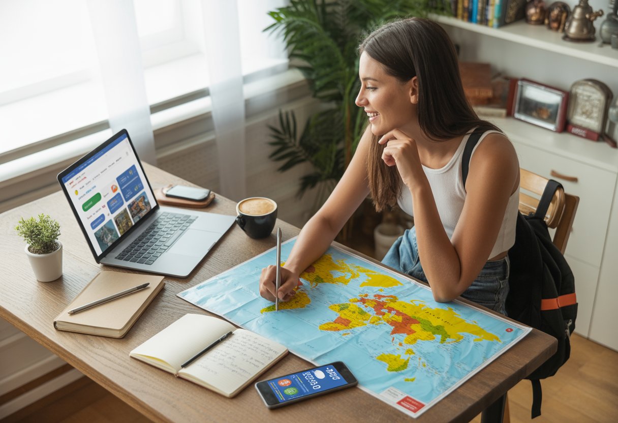 Pessoa sentada à mesa planejando uma viagem, com mapa, laptop, caderno e smartphone, em um ambiente iluminado e organizado.