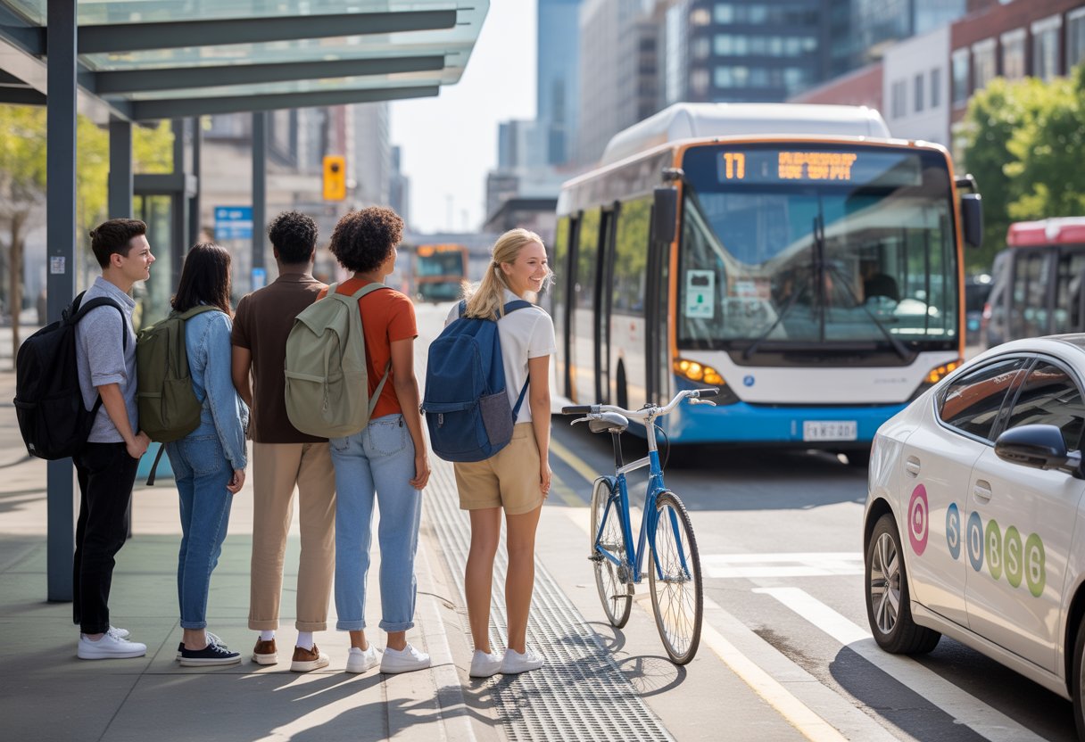 Grupo de jovens com mochilas esperando em um ponto de ônibus na cidade, com ônibus, bicicleta e carro de transporte compartilhado ao redor.