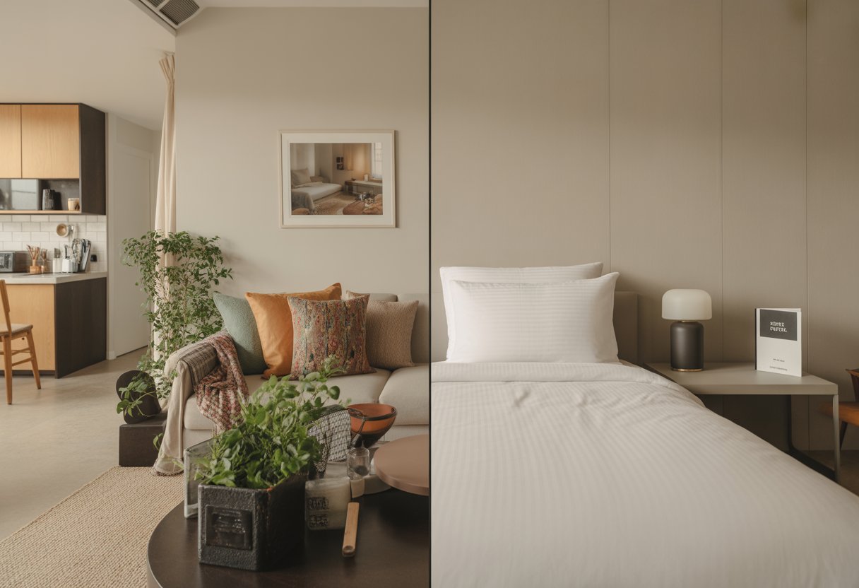 Dois ambientes lado a lado, um apartamento Airbnb aconchegante e uma elegante suíte de hotel, ambos bem iluminados e organizados.