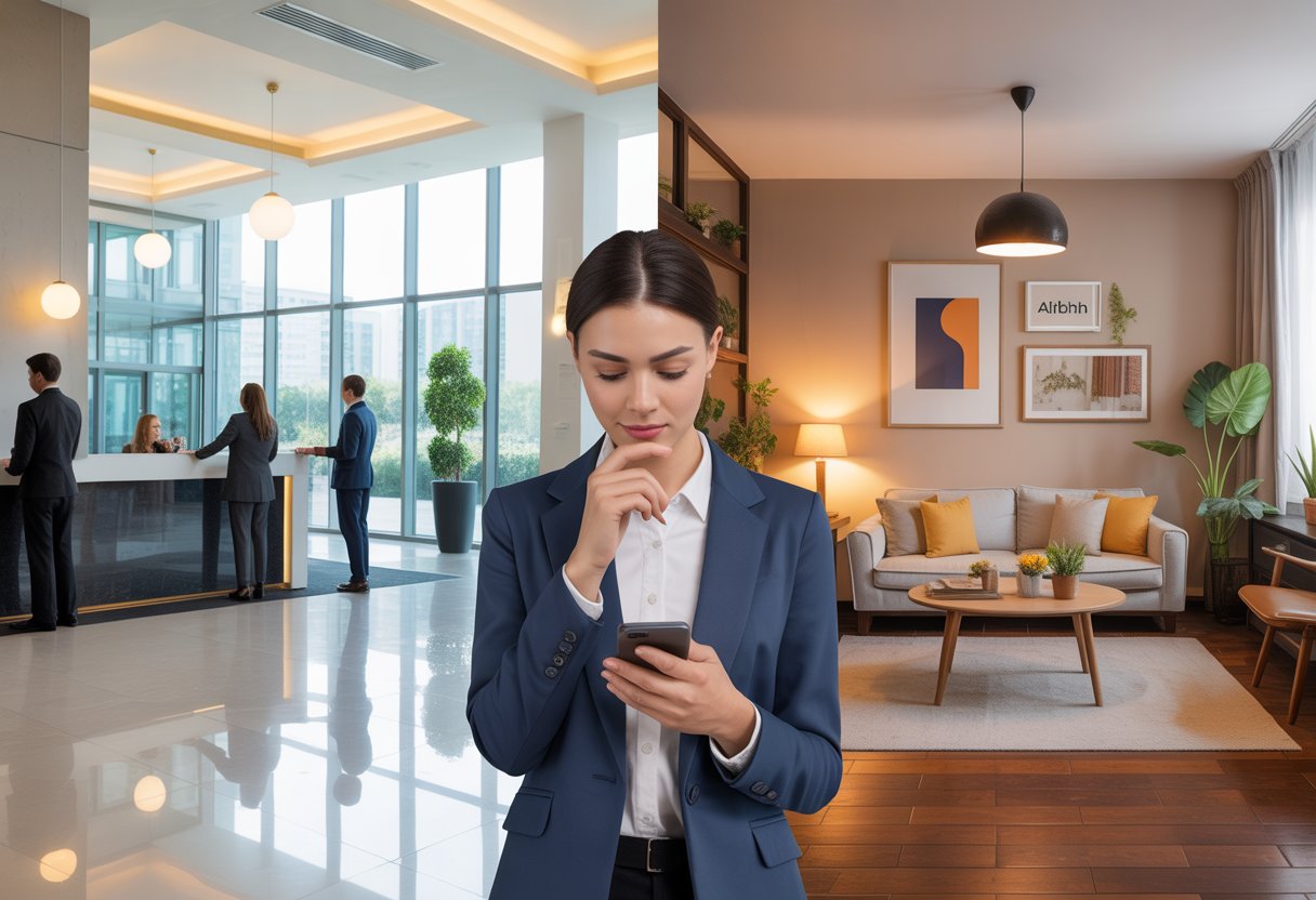 Um viajante pensativo entre um saguão de hotel moderno com recepcionista e uma sala aconchegante de Airbnb decorada.