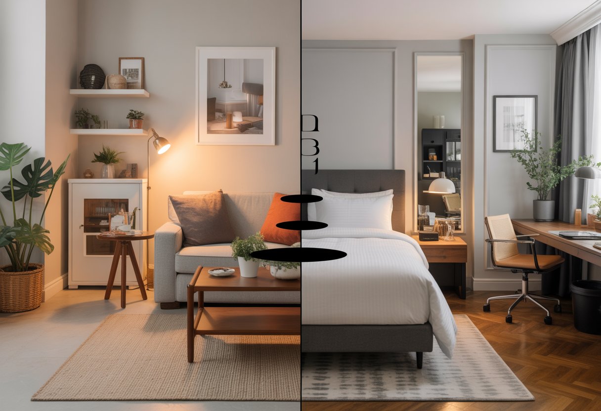 Comparação visual entre um apartamento Airbnb aconchegante e um quarto de hotel elegante lado a lado.