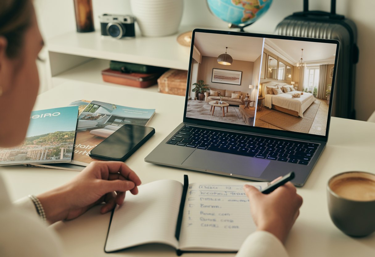 Pessoa comparando opções de Airbnb e hotel em um laptop, com anotações e itens de viagem ao redor em uma mesa organizada.