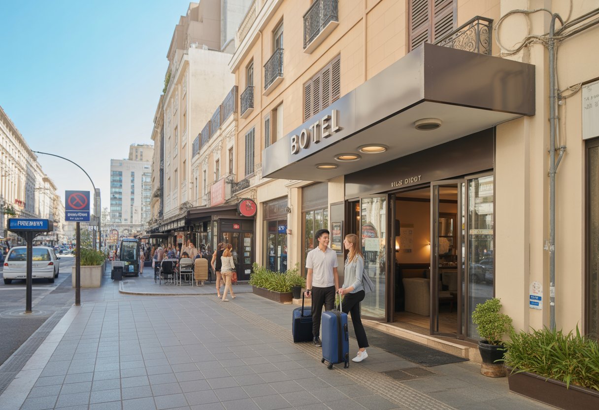 Fachada de um hotel simples e limpo em área urbana movimentada, com pessoas entrando e saindo, próximo a transporte público e comércios.