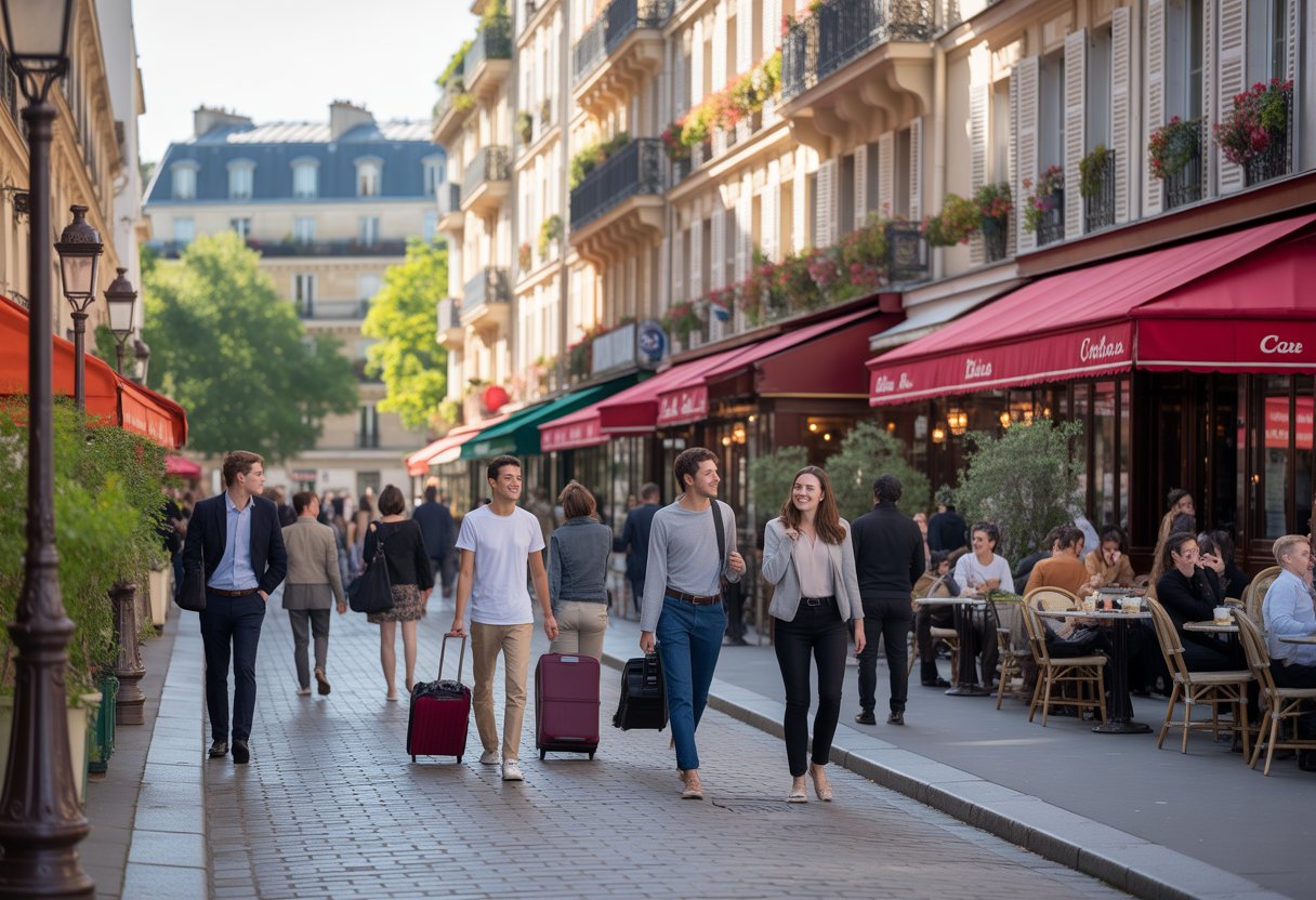 Rua charmosa em um bairro de Paris com arquitetura típica, pessoas caminhando e cafés ao ar livre, transmitindo uma atmosfera acolhedora para turistas.