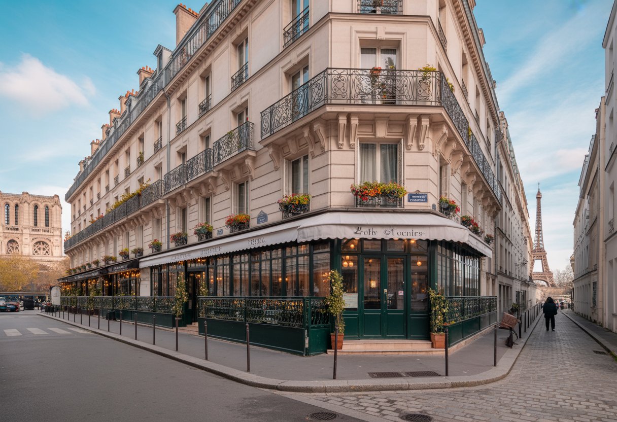 Fachada de um hotel acessível em Paris com arquitetura típica parisiense, mostrando varandas, janelas com flores e uma entrada acolhedora, com a Torre Eiffel ao fundo em um dia ensolarado.