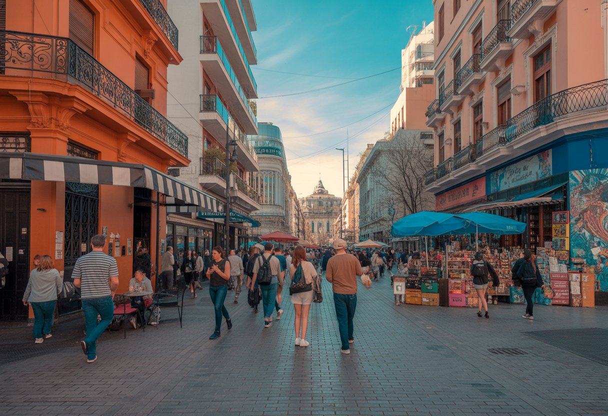 Rua movimentada em Buenos Aires com pessoas caminhando, cafés ao ar livre, prédios coloridos e céu claro.