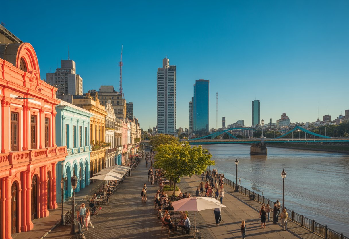 Vista panorâmica do centro histórico e do bairro Puerto Madero em Buenos Aires com arquitetura colonial, pessoas caminhando, prédios modernos e a ponte Puente de la Mujer sobre o rio.