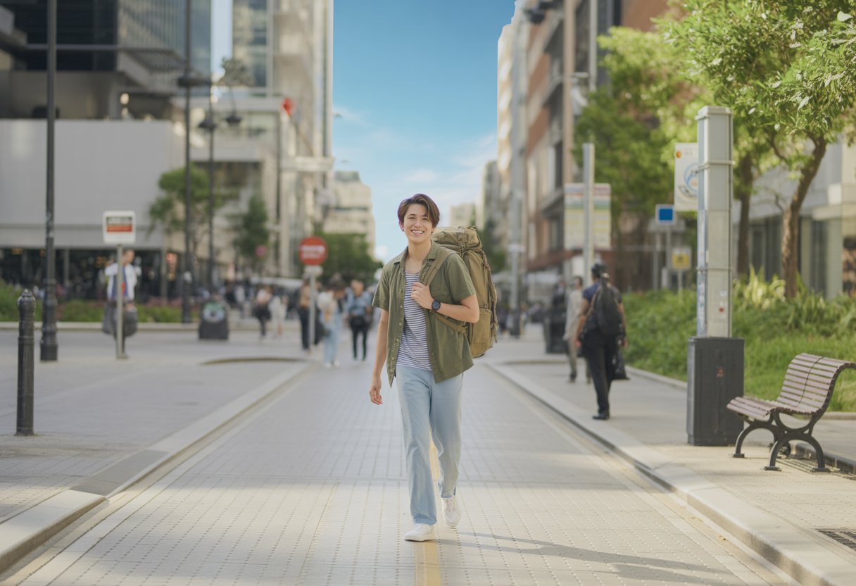 Pessoa viajando sozinha em uma rua urbana limpa e segura, cercada por prédios modernos e pessoas amigáveis.
