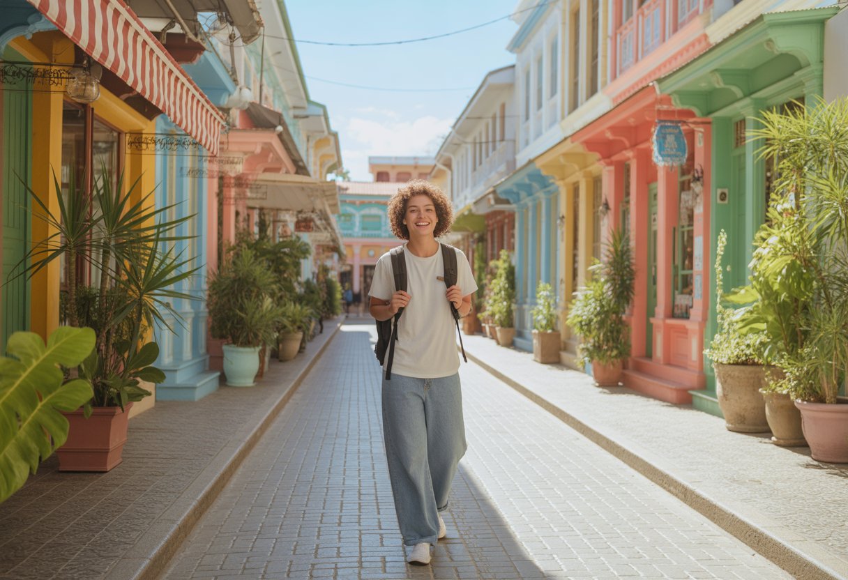 Pessoa viajando sozinha caminhando por uma rua ensolarada com prédios coloridos e vegetação em uma cidade exótica e segura.