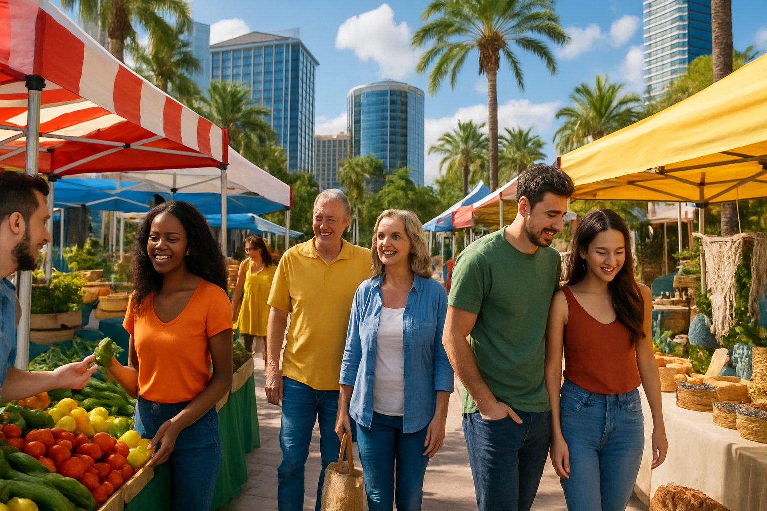 Pessoas aproveitando um mercado ao ar livre em Orlando com barracas coloridas, árvores e edifícios ao fundo.