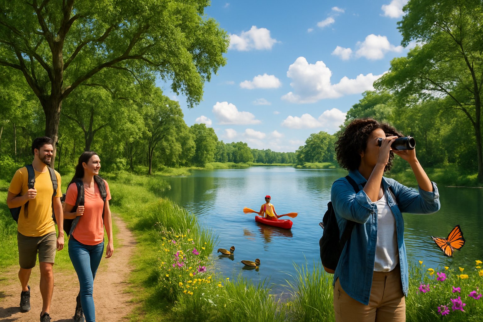 Parque natural em Orlando com árvores verdes, lago tranquilo e pessoas praticando caminhadas, caiaque e observação de pássaros.