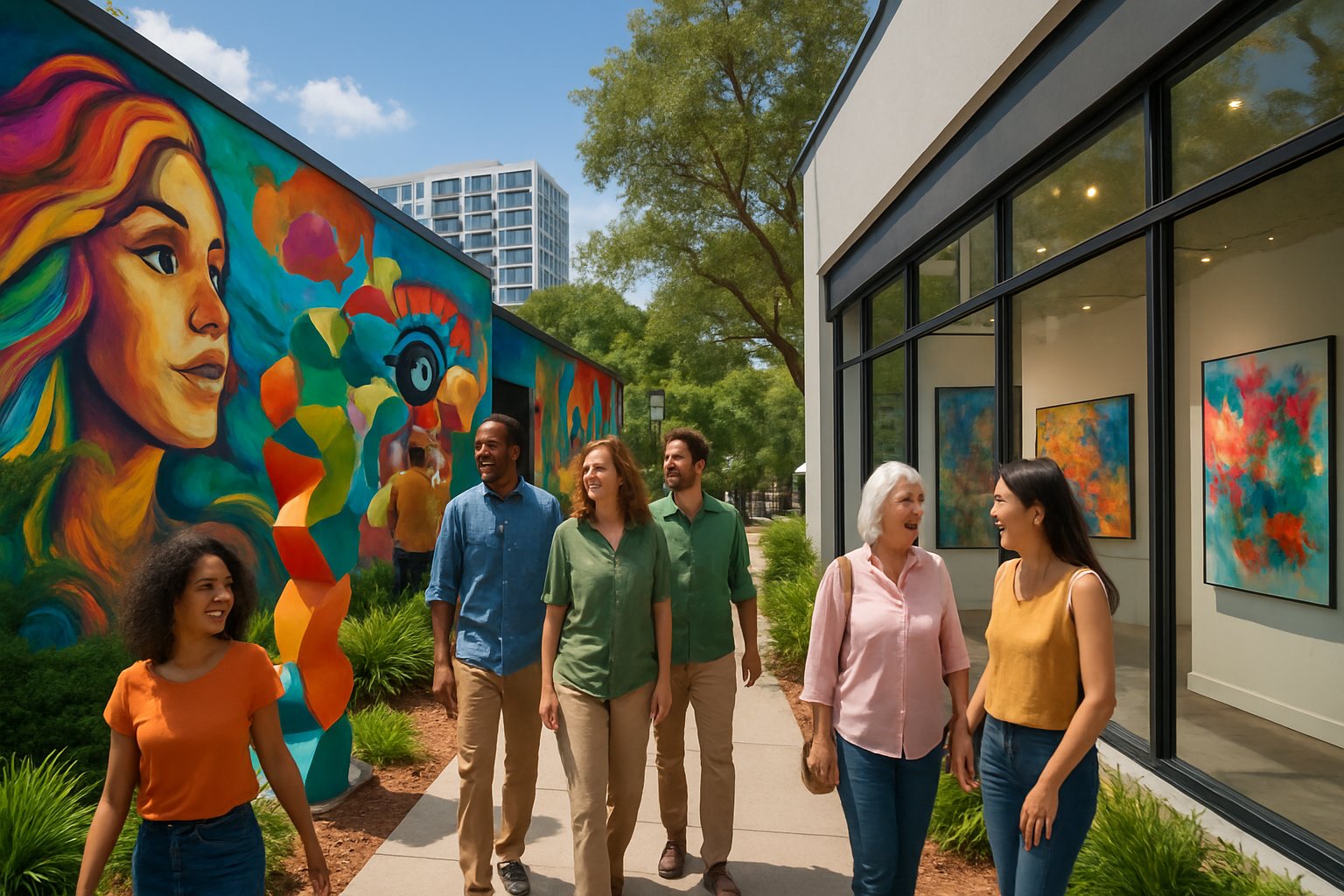 Pessoas explorando um distrito de arte ao ar livre em Orlando, com murais coloridos, esculturas e uma galeria de arte ao fundo.