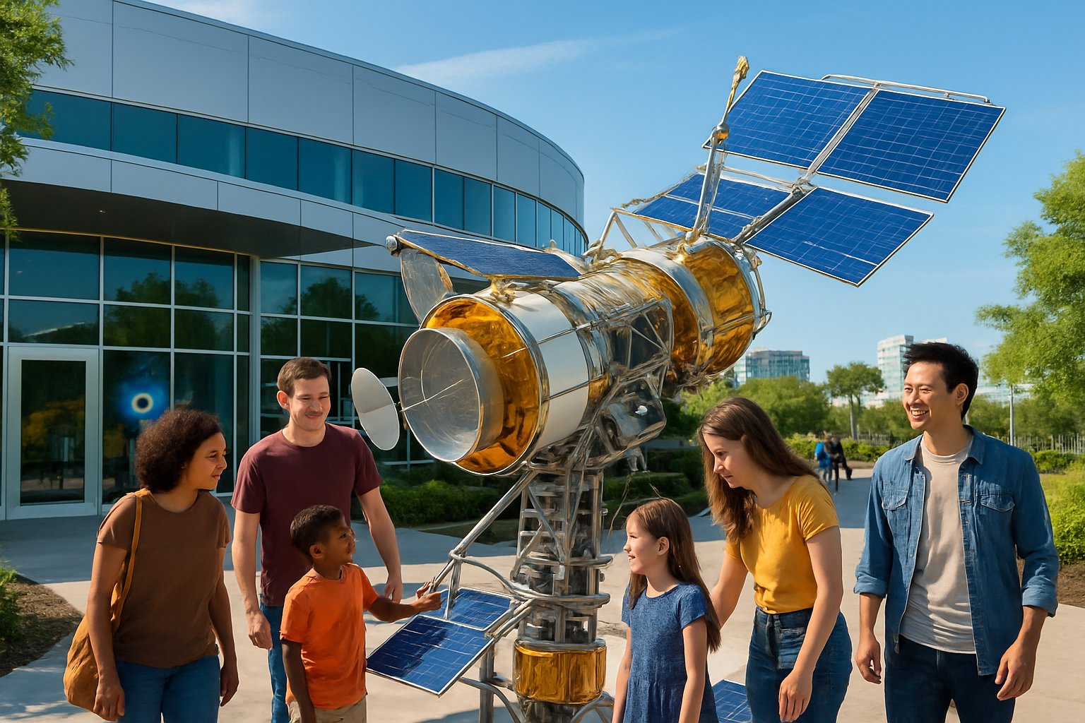 Visitantes explorando um museu de ciências espaciais em Orlando, com um modelo de espaçonave e céu azul ao fundo.