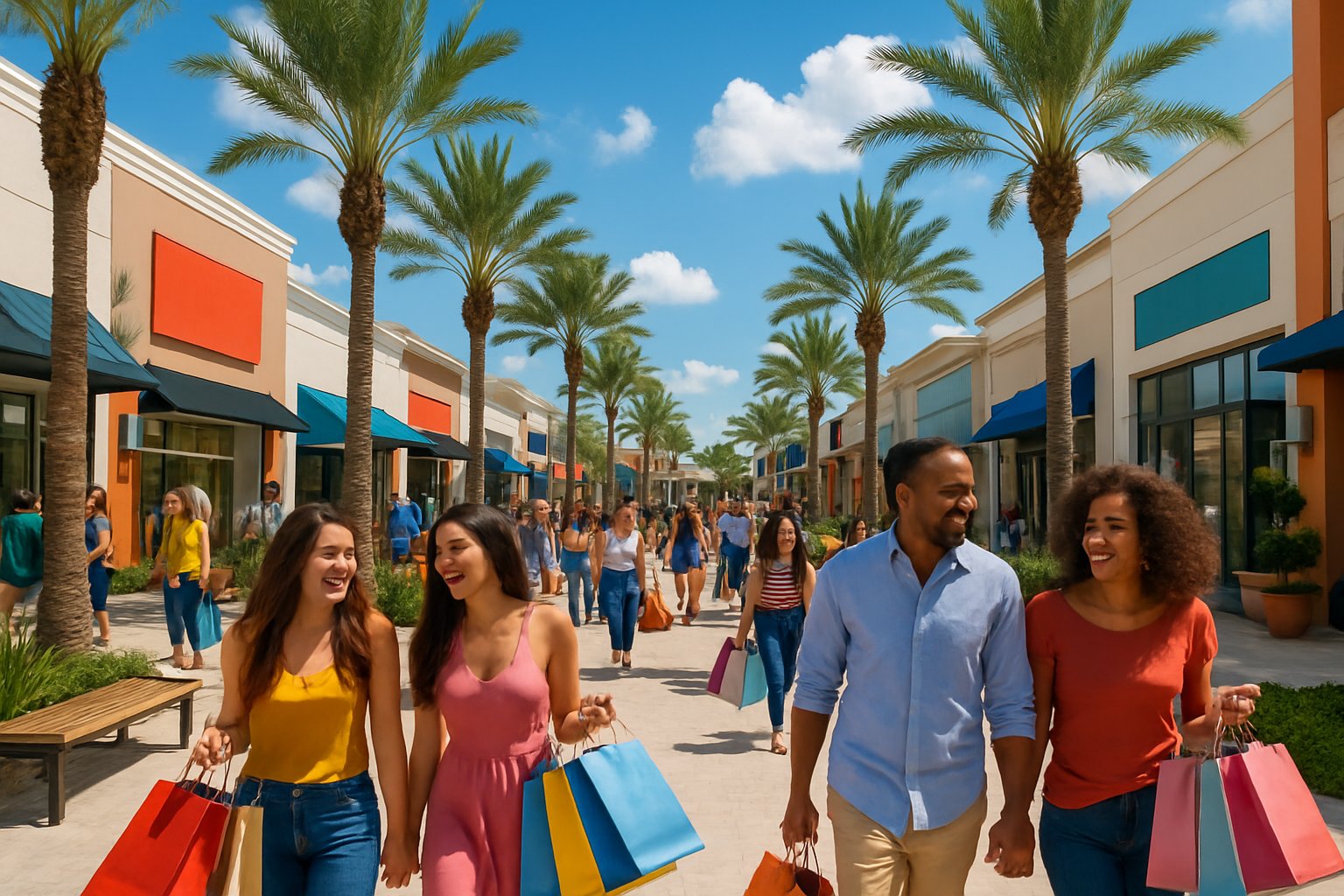 Pessoas fazendo compras em um outlet ao ar livre em Orlando, com lojas modernas, céu azul e palmeiras ao redor.