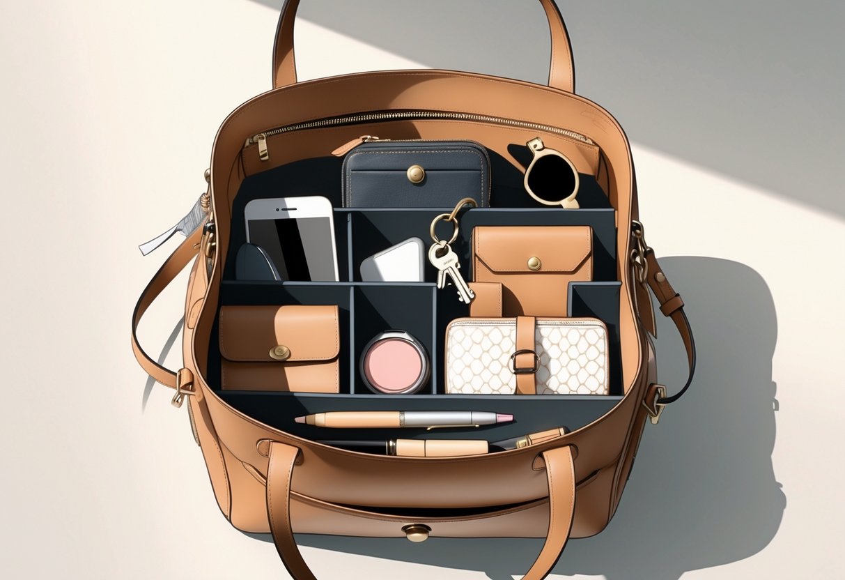 Bolsa feminina aberta mostrando itens organizados como carteira, celular, chaves, maquiagem, óculos, caderno e canetas, todos arrumados de forma ordenada.