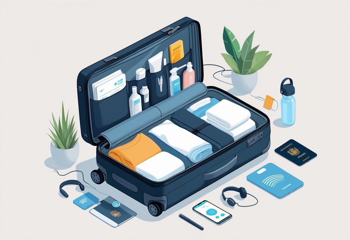 Mala de mão aberta e organizada com roupas, eletrônicos e itens de viagem arrumados de forma eficiente sobre uma superfície limpa.
