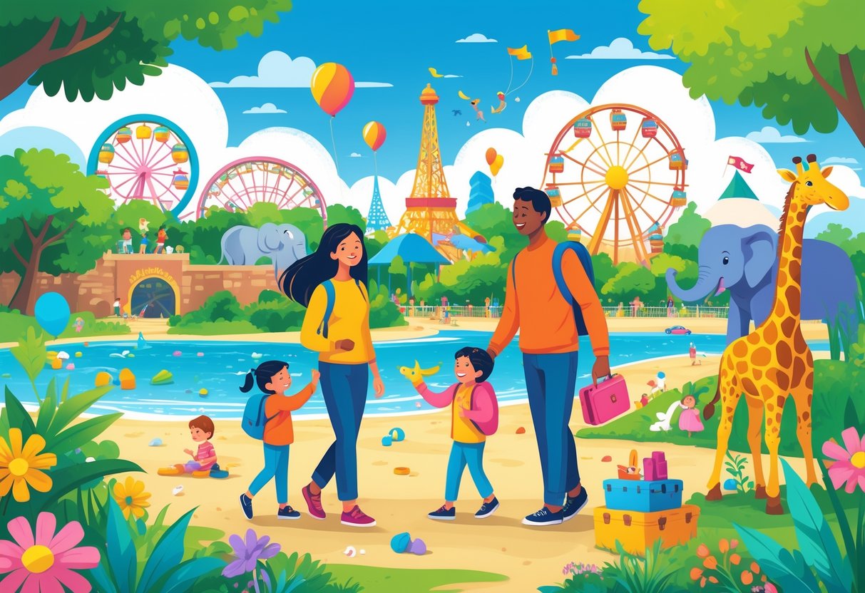 Família com crianças explorando destinos turísticos com atividades divertidas, como parque de diversões, zoológico e praia, em um ambiente alegre e ensolarado.