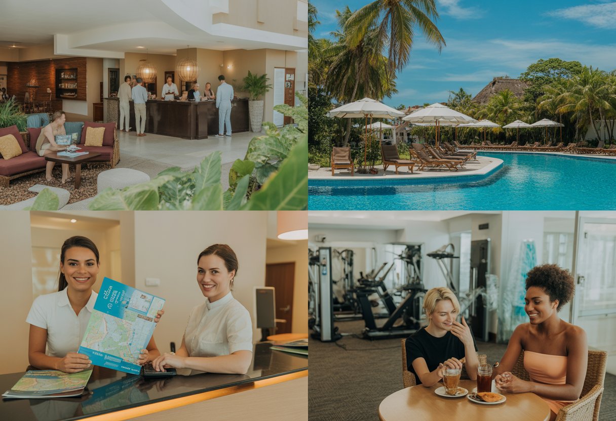 Lobby de hotel moderno com recepção, área de piscina com espreguiçadeiras e guarda-sóis, plantas tropicais e pessoas relaxando.