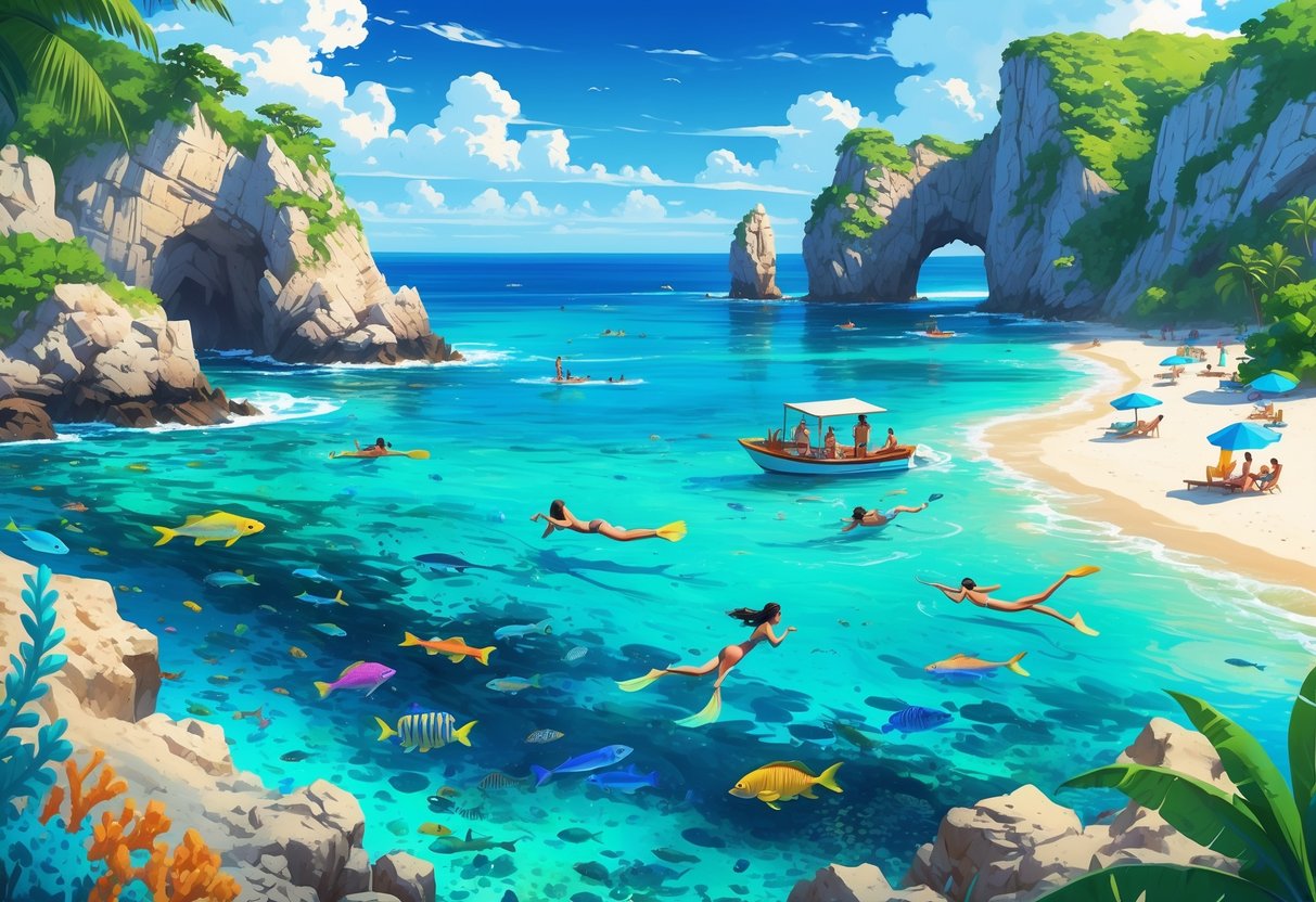 Praia de Arraial do Cabo com águas cristalinas, pessoas mergulhando, barco próximo à costa, areia branca e falésias ao fundo.