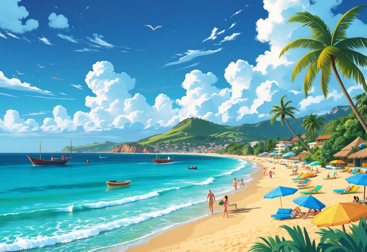 Praia tropical com areia dourada, mar azul claro, coqueiros e pessoas aproveitando atividades na praia em Porto Seguro.