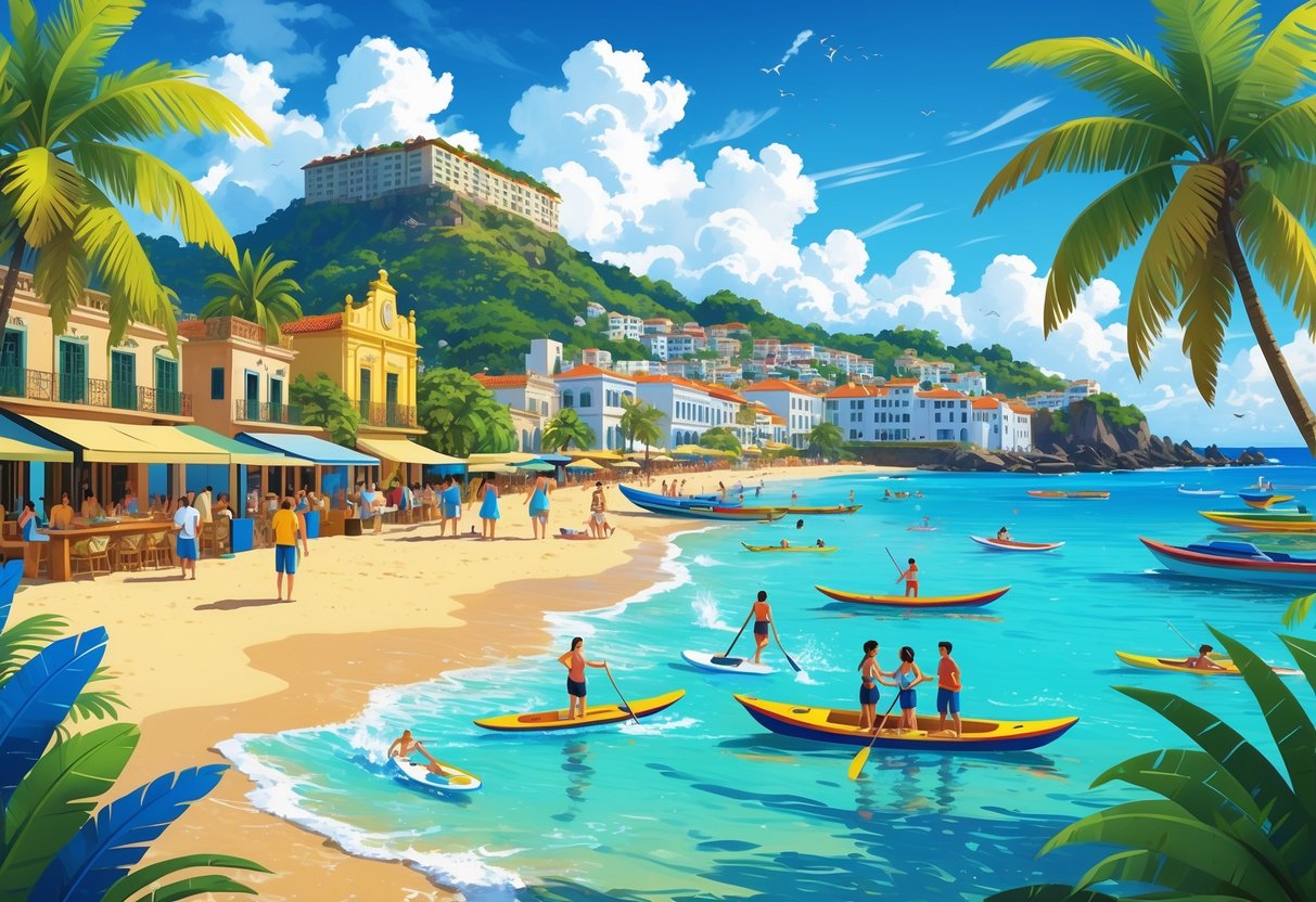 Praia tropical com areia dourada, pessoas praticando esportes aquáticos, barcos coloridos, palmeiras, construções coloniais ao fundo e turistas explorando mercados e cafés ao ar livre em Porto Seguro.
