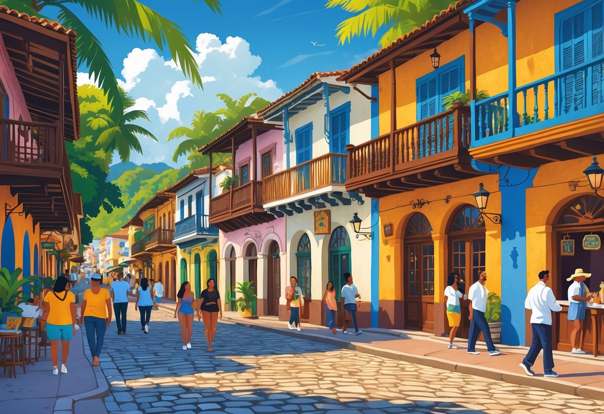 Centro histórico de Porto Seguro com ruas de pedra, prédios coloniais coloridos, pessoas caminhando e árvores tropicais ao fundo.