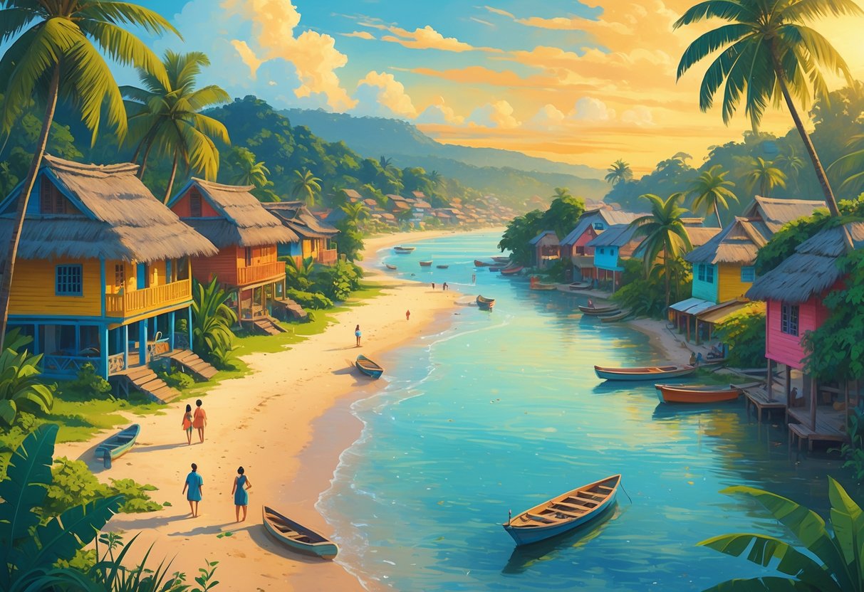 Vista de uma vila costeira em Caraíva, Bahia, com casas coloridas, palmeiras, um rio calmo que deságua na praia e barcos de pesca, sob um céu ao entardecer.