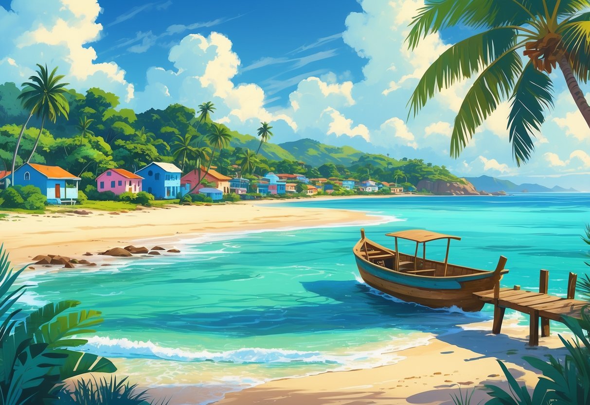Paisagem costeira mostrando uma praia com águas claras, um barco próximo a um píer de madeira e uma vila com casas coloridas e palmeiras ao fundo.