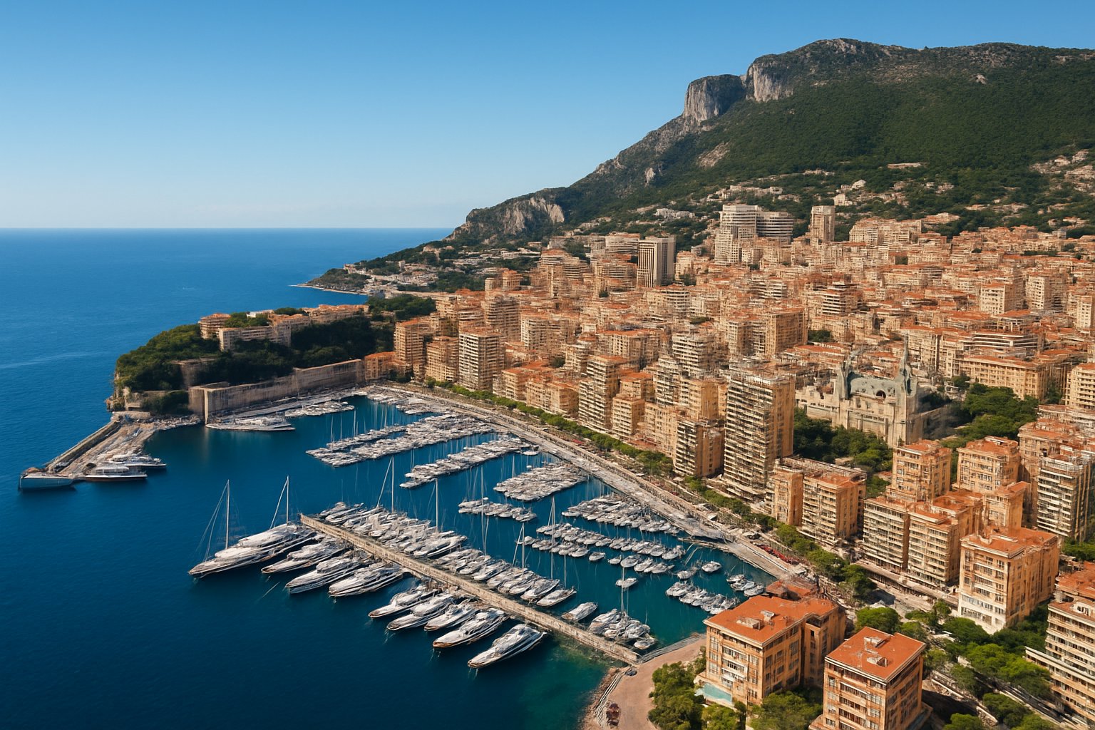 Vista aérea de Mônaco mostrando a costa mediterrânea, iates no porto, prédios modernos e o cassino de Monte Carlo ao fundo em um dia ensolarado.