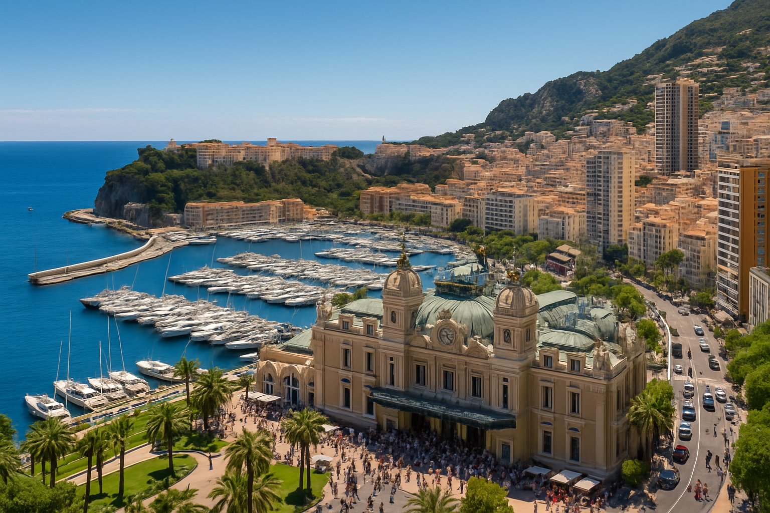 Vista panorâmica da costa de Mônaco mostrando o Cassino de Monte Carlo, o Palácio do Príncipe, iates no porto e pessoas caminhando pelas ruas da cidade.