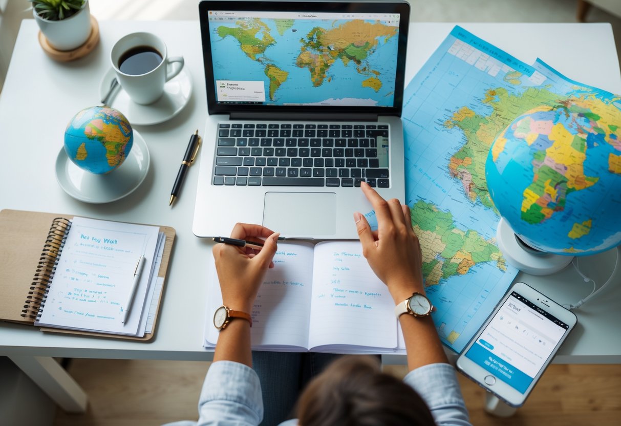 Pessoa organizando roteiro de viagem em uma mesa com laptop, caderno, mapa e itens de viagem.