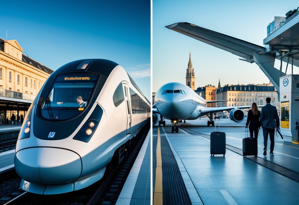 Cena mostrando um trem moderno chegando em uma estação e um avião estacionado em um portão de aeroporto, com passageiros e bagagens em movimento.