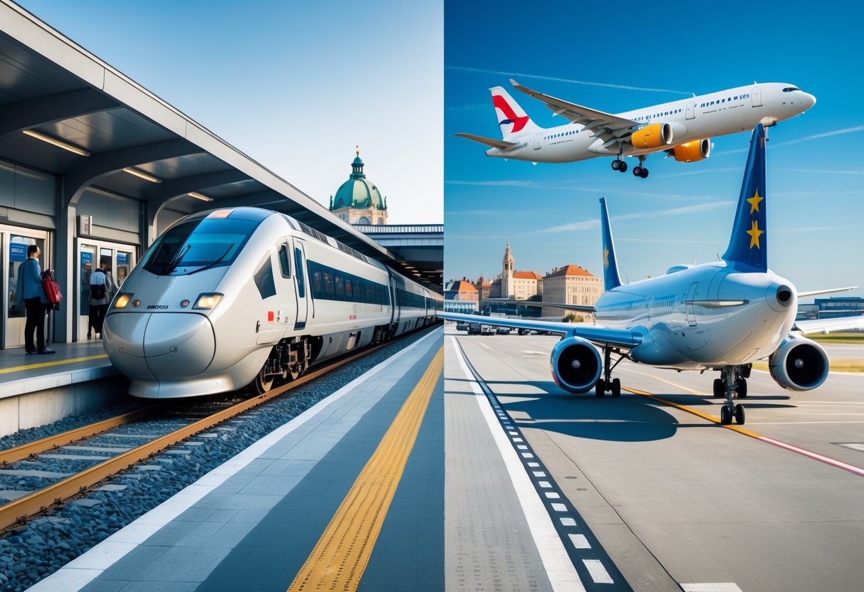 Cena mostrando um trem moderno em uma estação e um avião em um aeroporto, representando viagens na Europa.