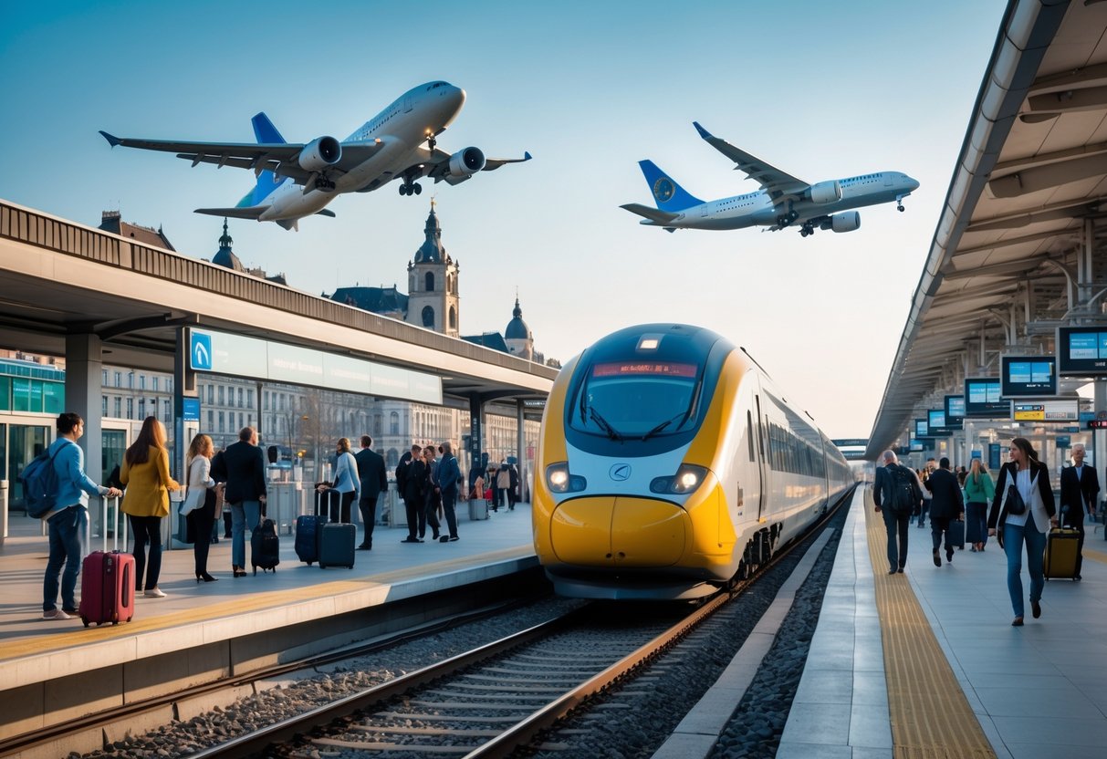 Estação de trem europeia moderna com um trem de alta velocidade chegando e um avião decolando ao fundo, com passageiros esperando e movimentação no local.