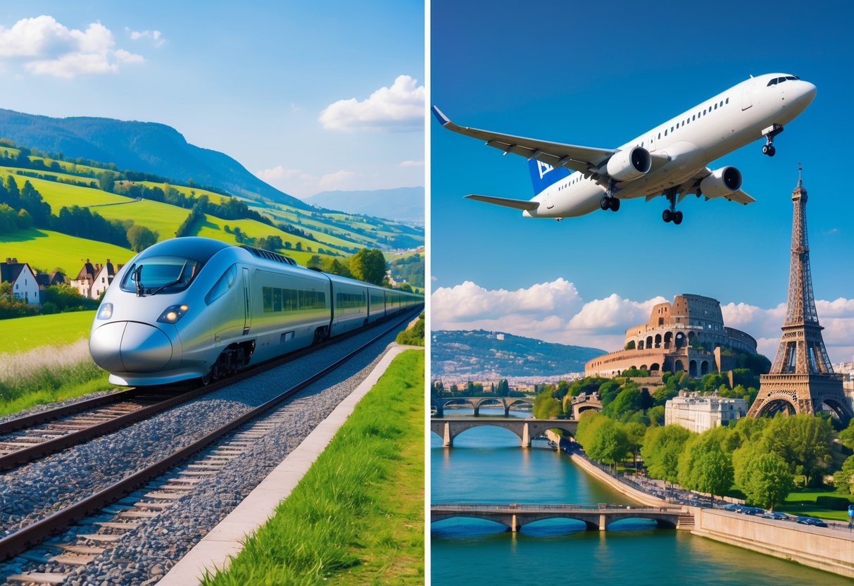 Trem moderno passando por uma paisagem europeia com colinas e vilarejos, ao lado de um avião comercial voando sobre pontos turísticos famosos da Europa.