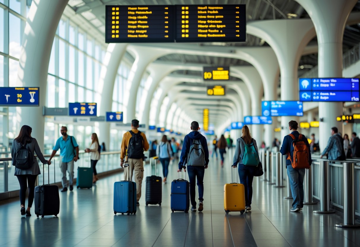 Passageiros em um aeroporto moderno esperando e caminhando perto dos portões, com telas digitais mostrando informações de voos de conexão.