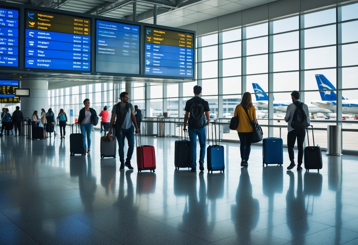 Passageiros em um terminal de aeroporto moderno, olhando para painéis de voos e caminhando com bagagens, com aviões ao fundo.