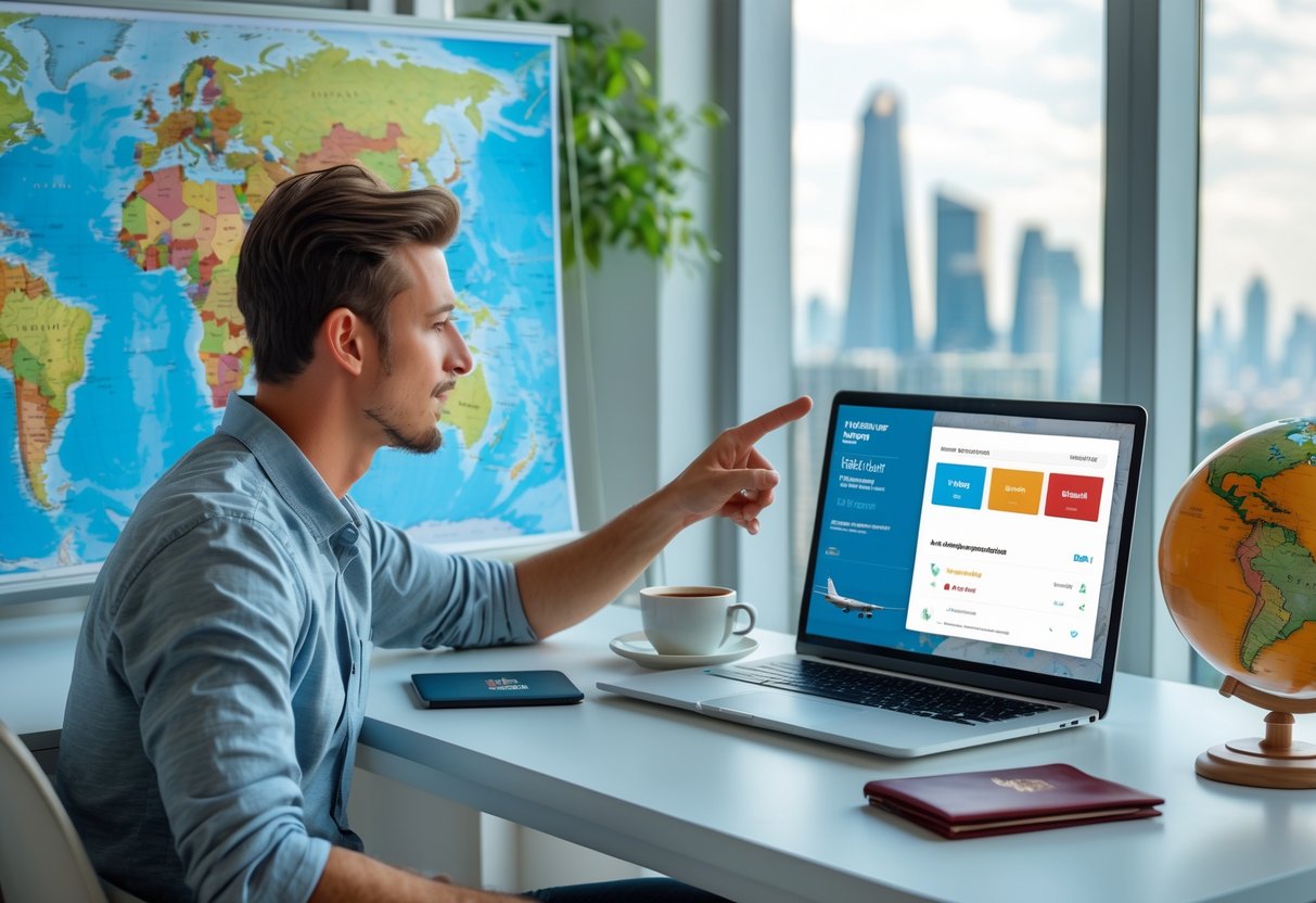 Pessoa jovem planejando uma viagem em um laptop, com um mapa-múndi e passaporte sobre a mesa.
