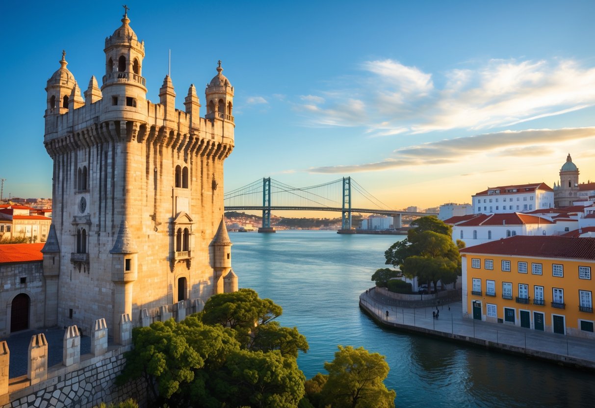 Vista dos pontos turísticos de Lisboa com a Torre de Belém em destaque e a Ponte 25 de Abril ao fundo sobre o rio Tejo em um dia ensolarado.