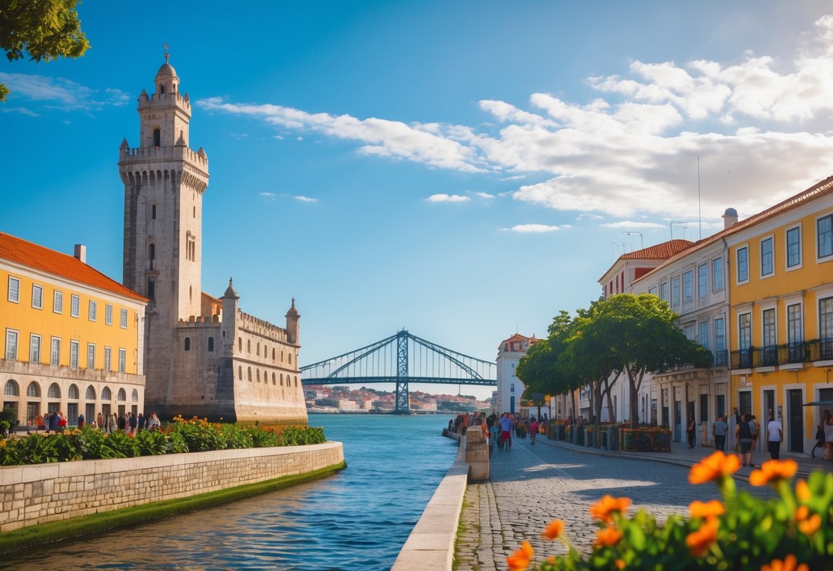 Vista da Torre de Belém e da ponte 25 de Abril sobre o rio Tejo em Lisboa, com prédios coloridos e pessoas caminhando ao redor.