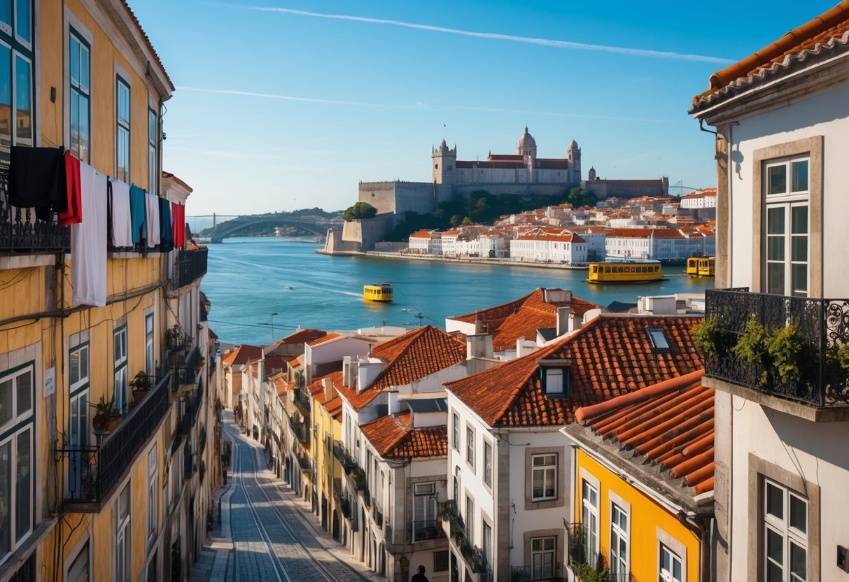 Vista panorâmica dos bairros históricos de Lisboa com ruas estreitas, prédios coloridos, o Castelo de São Jorge no topo da colina e o rio Tejo ao fundo.