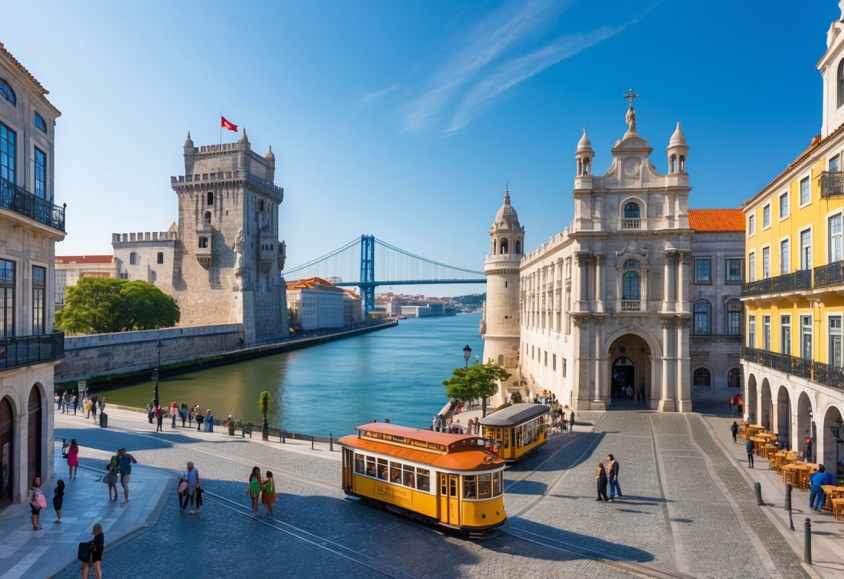 Vista de pontos turísticos culturais de Lisboa com a Torre de Belém, o Mosteiro dos Jerónimos, o Rio Tejo e o pôr do sol ao fundo, com pessoas caminhando e aproveitando o local.