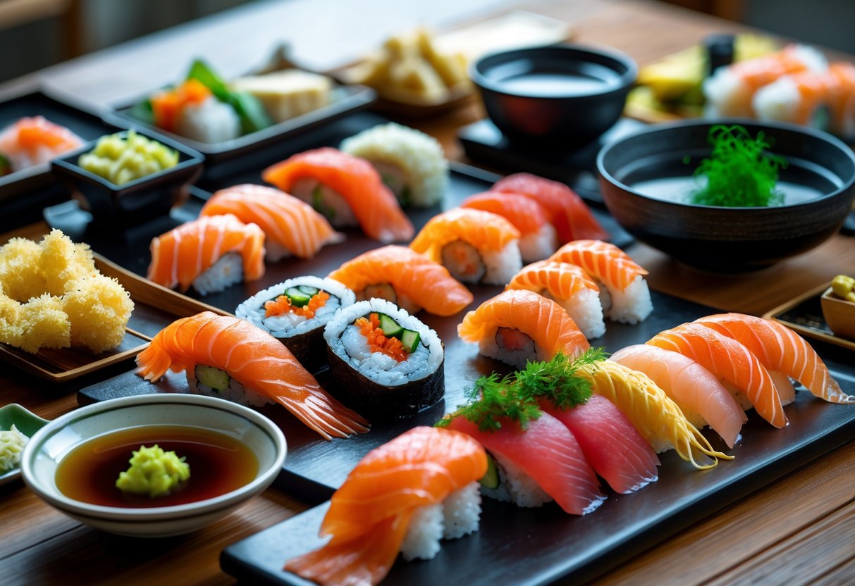 Mesa com diversos pratos típicos do Japão, incluindo sushi, sashimi, tempura e sopa de missô.