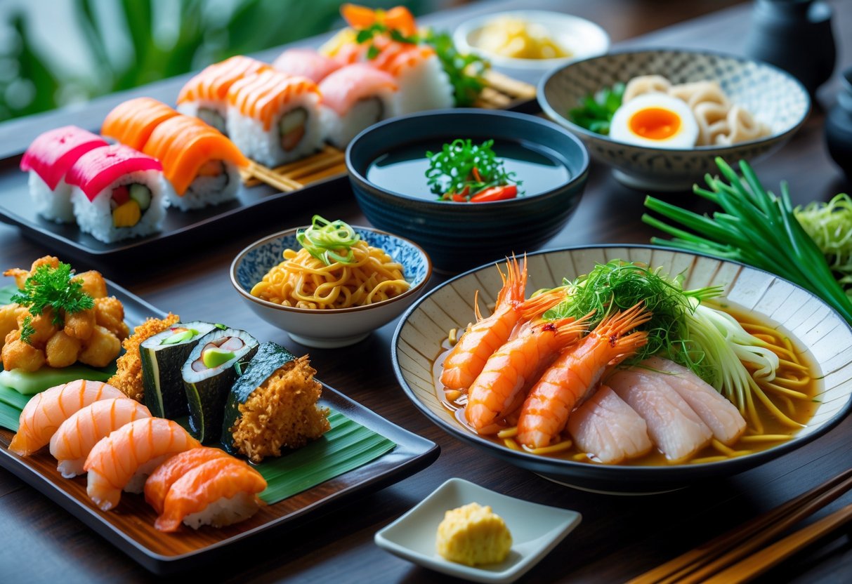 Mesa com diversos pratos tradicionais da culinária japonesa, incluindo sushi, miso, tempura e ramen.